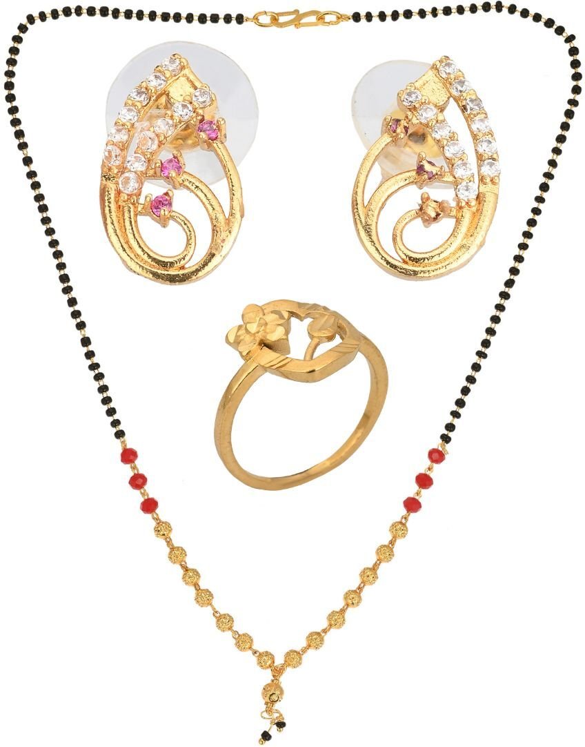 AanyaCentric Gold-plated Jewelry Combo: Elegant Short Mangalsutra, Finger Ring, and American Diamond Earrings Set - Distacart