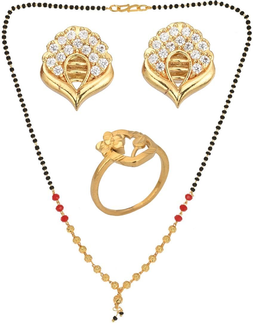 AanyaCentric Gold-plated Jewelry Combo: Elegant Short Mangalsutra, Finger Ring, and American Diamond Earrings Set - Distacart