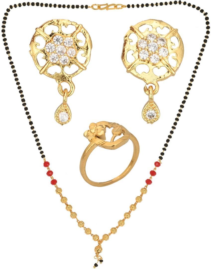 AanyaCentric Gold-plated Jewelry Combo: Elegant Short Mangalsutra, Finger Ring, and American Diamond Earrings Set - Distacart