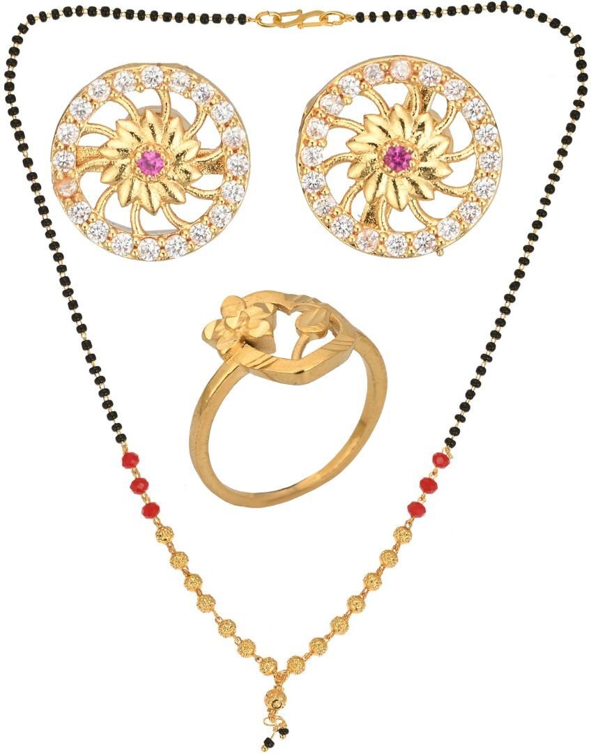 AanyaCentric Gold-plated Jewelry Combo: Elegant Short Mangalsutra, Finger Ring, and American Diamond Earrings Set - Distacart