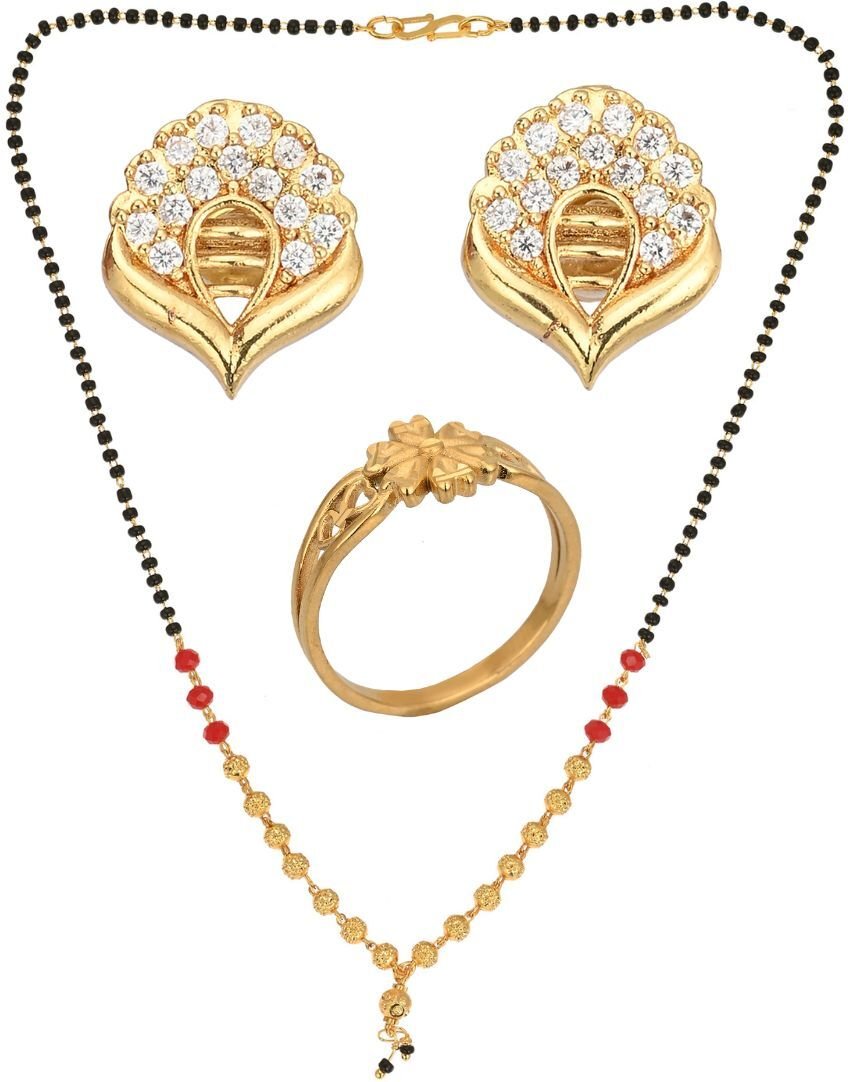 AanyaCentric Gold-plated Jewelry Combo: Elegant Short Mangalsutra, Finger Ring, and American Diamond Earrings Set - Distacart