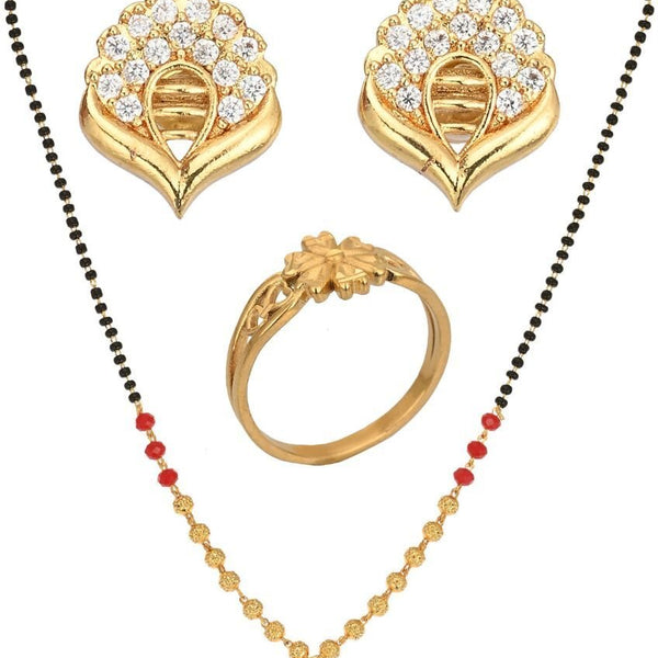 AanyaCentric Gold-plated Jewelry Combo: Elegant Short Mangalsutra, Finger Ring, and American Diamond Earrings Set - Distacart