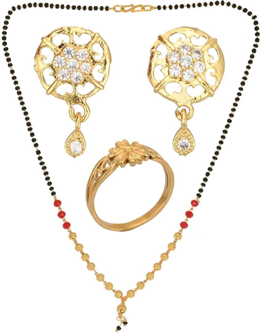 AanyaCentric Gold-plated Jewelry Combo: Elegant Short Mangalsutra, Finger Ring, and American Diamond Earrings Set - Distacart