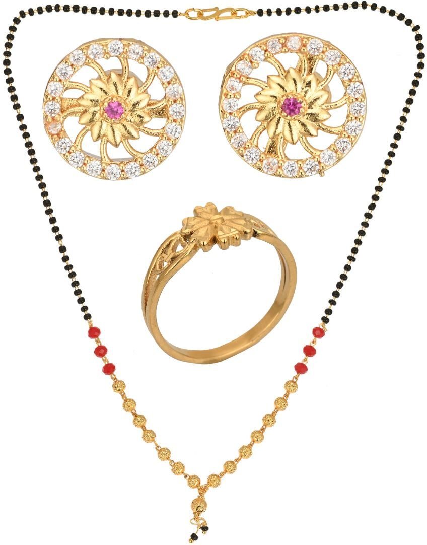 AanyaCentric Gold-plated Jewelry Combo: Elegant Short Mangalsutra, Finger Ring, and American Diamond Earrings Set - Distacart