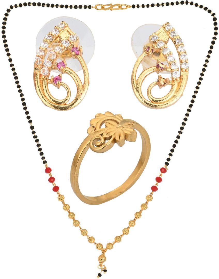 AanyaCentric Gold-plated Jewelry Combo: Elegant Short Mangalsutra, Finger Ring, and American Diamond Earrings Set - Distacart
