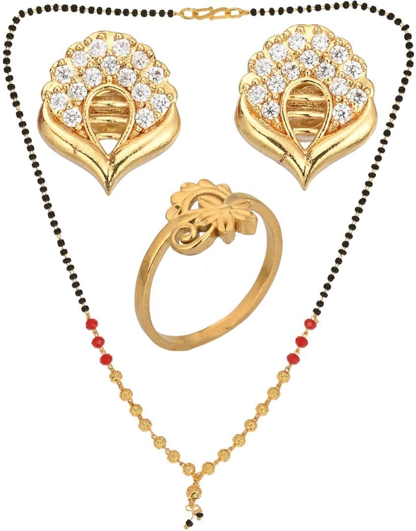 AanyaCentric Gold-plated Jewelry Combo: Elegant Short Mangalsutra, Finger Ring, and American Diamond Earrings Set - Distacart