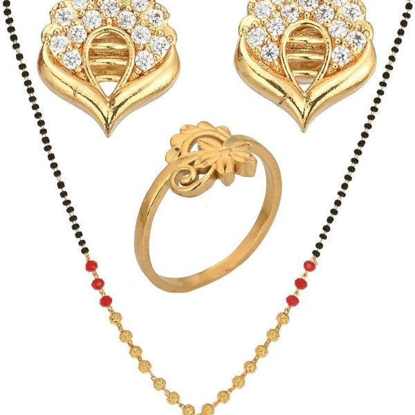 AanyaCentric Gold-plated Jewelry Combo: Elegant Short Mangalsutra, Finger Ring, and American Diamond Earrings Set - Distacart