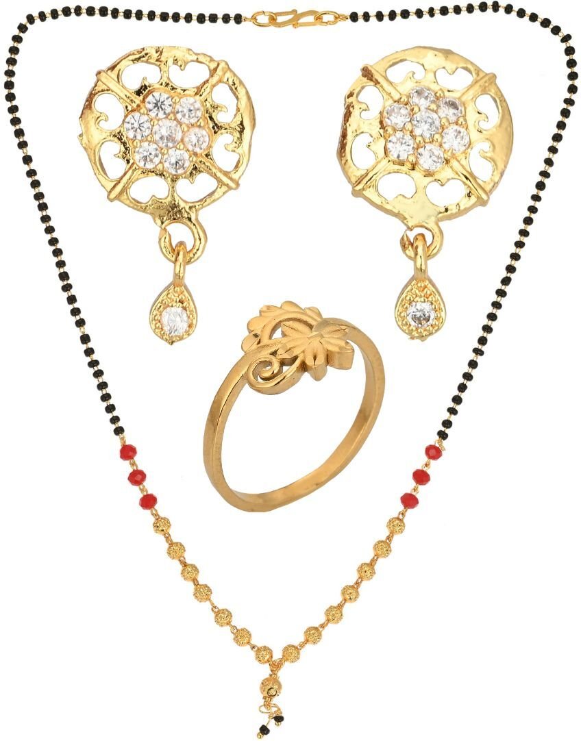 AanyaCentric Gold-plated Jewelry Combo: Elegant Short Mangalsutra, Finger Ring, and American Diamond Earrings Set - Distacart