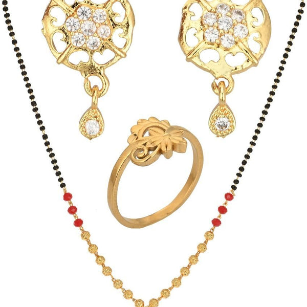AanyaCentric Gold-plated Jewelry Combo: Elegant Short Mangalsutra, Finger Ring, and American Diamond Earrings Set - Distacart