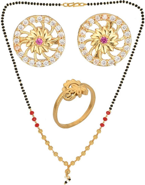 AanyaCentric Gold-plated Jewelry Combo: Elegant Short Mangalsutra, Finger Ring, and American Diamond Earrings Set - Distacart