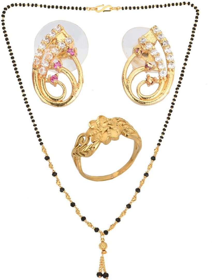 AanyaCentric Gold-plated Jewelry Combo: Elegant Short Mangalsutra, Finger Ring, and American Diamond Earrings Set - Distacart