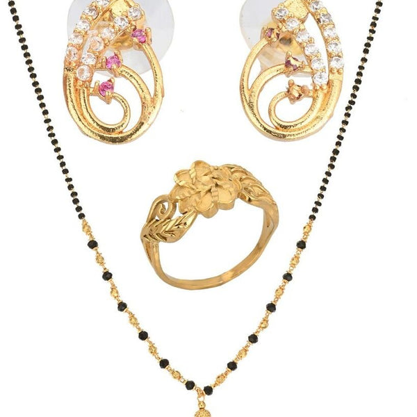 AanyaCentric Gold-plated Jewelry Combo: Elegant Short Mangalsutra, Finger Ring, and American Diamond Earrings Set - Distacart