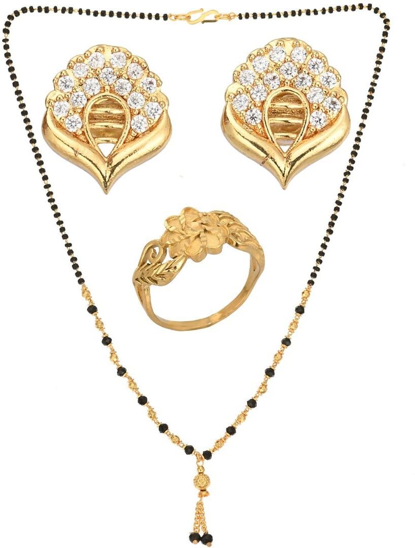 AanyaCentric Gold-plated Jewelry Combo: Elegant Short Mangalsutra, Finger Ring, and American Diamond Earrings Set - Distacart