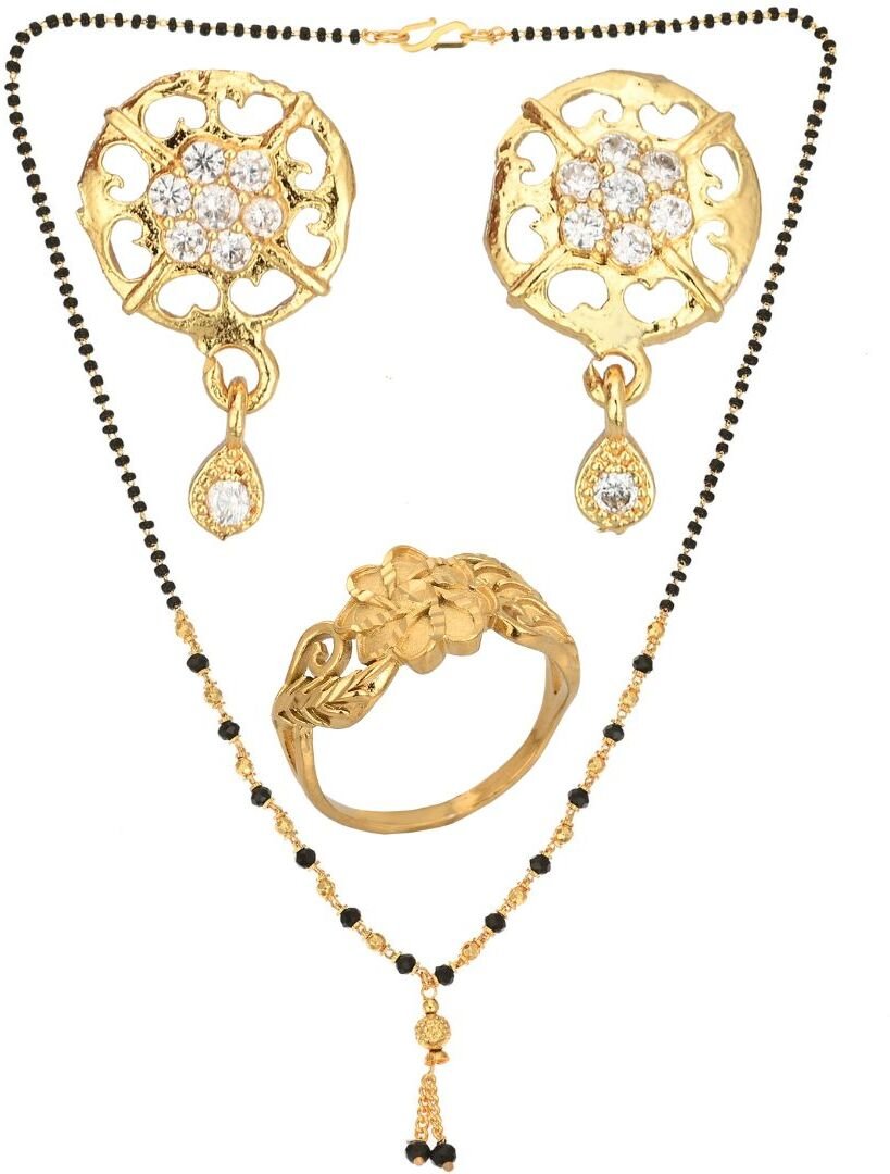 AanyaCentric Gold-plated Jewelry Combo: Elegant Short Mangalsutra, Finger Ring, and American Diamond Earrings Set - Distacart