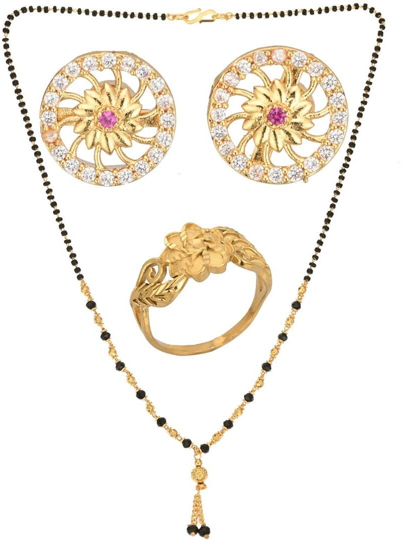 AanyaCentric Gold-plated Jewelry Combo: Elegant Short Mangalsutra, Finger Ring, and American Diamond Earrings Set - Distacart
