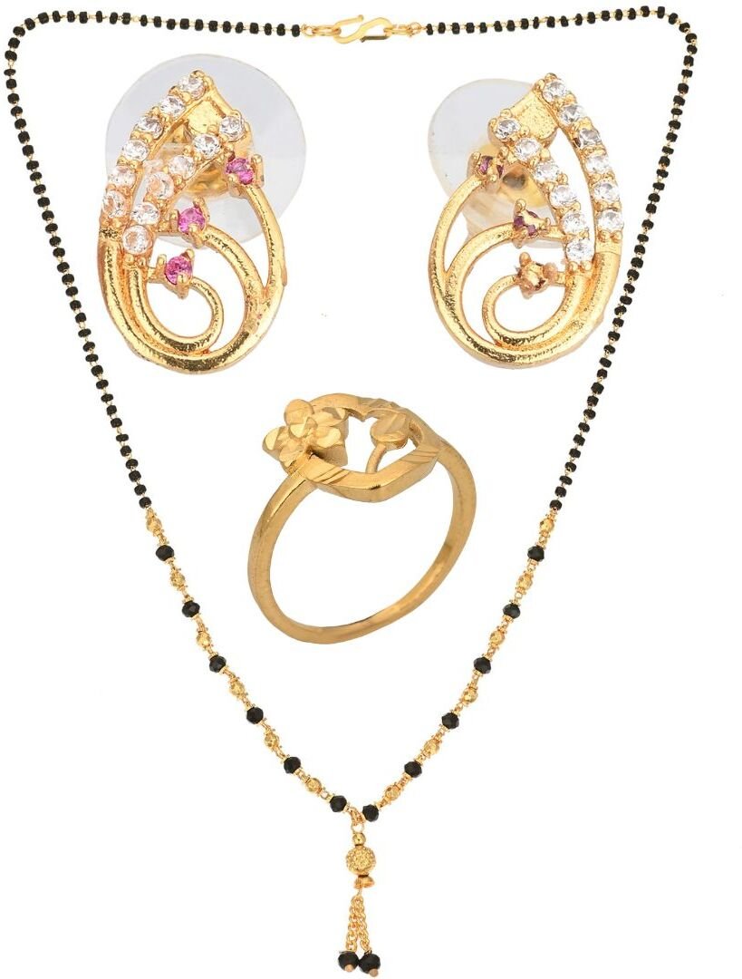 AanyaCentric Gold-plated Jewelry Combo: Elegant Short Mangalsutra, Finger Ring, and American Diamond Earrings Set - Distacart