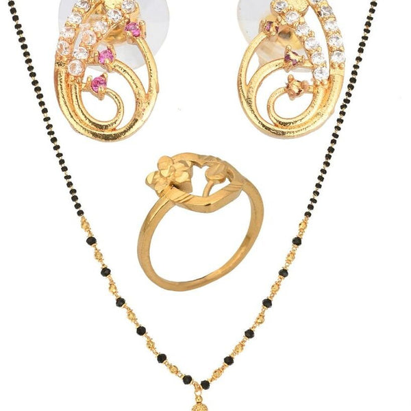 AanyaCentric Gold-plated Jewelry Combo: Elegant Short Mangalsutra, Finger Ring, and American Diamond Earrings Set - Distacart
