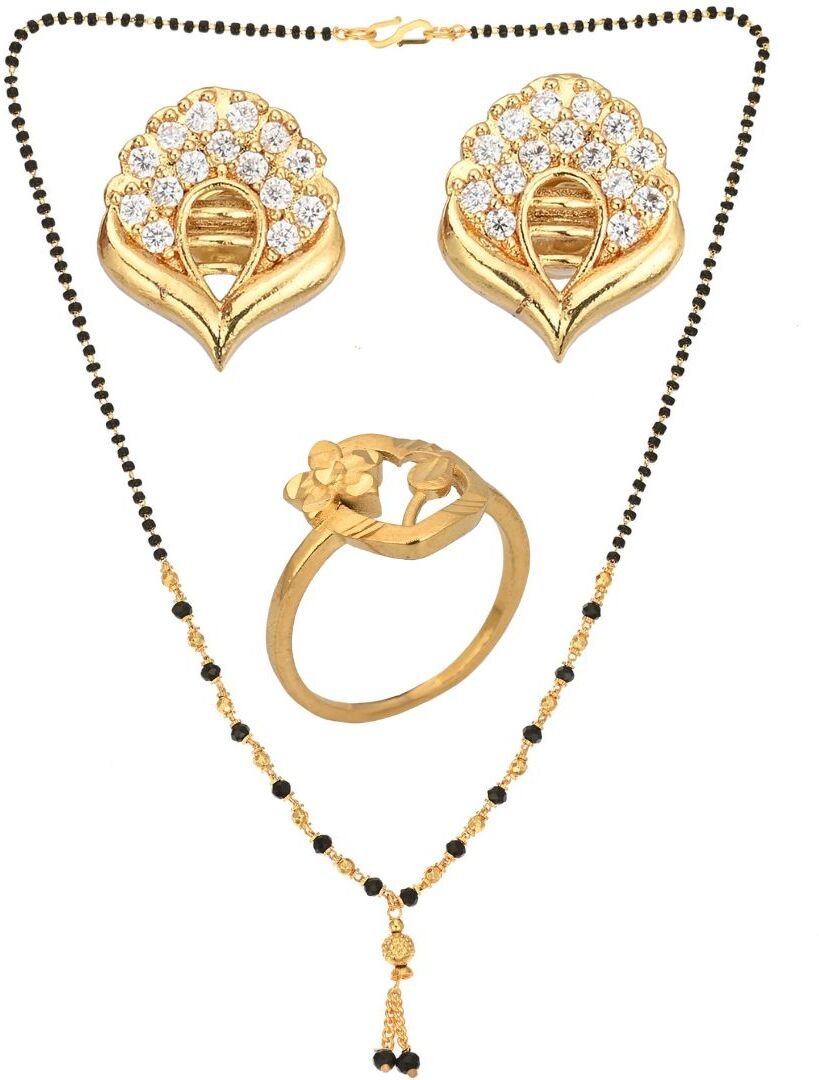 AanyaCentric Gold-plated Jewelry Combo: Elegant Short Mangalsutra, Finger Ring, and American Diamond Earrings Set - Distacart