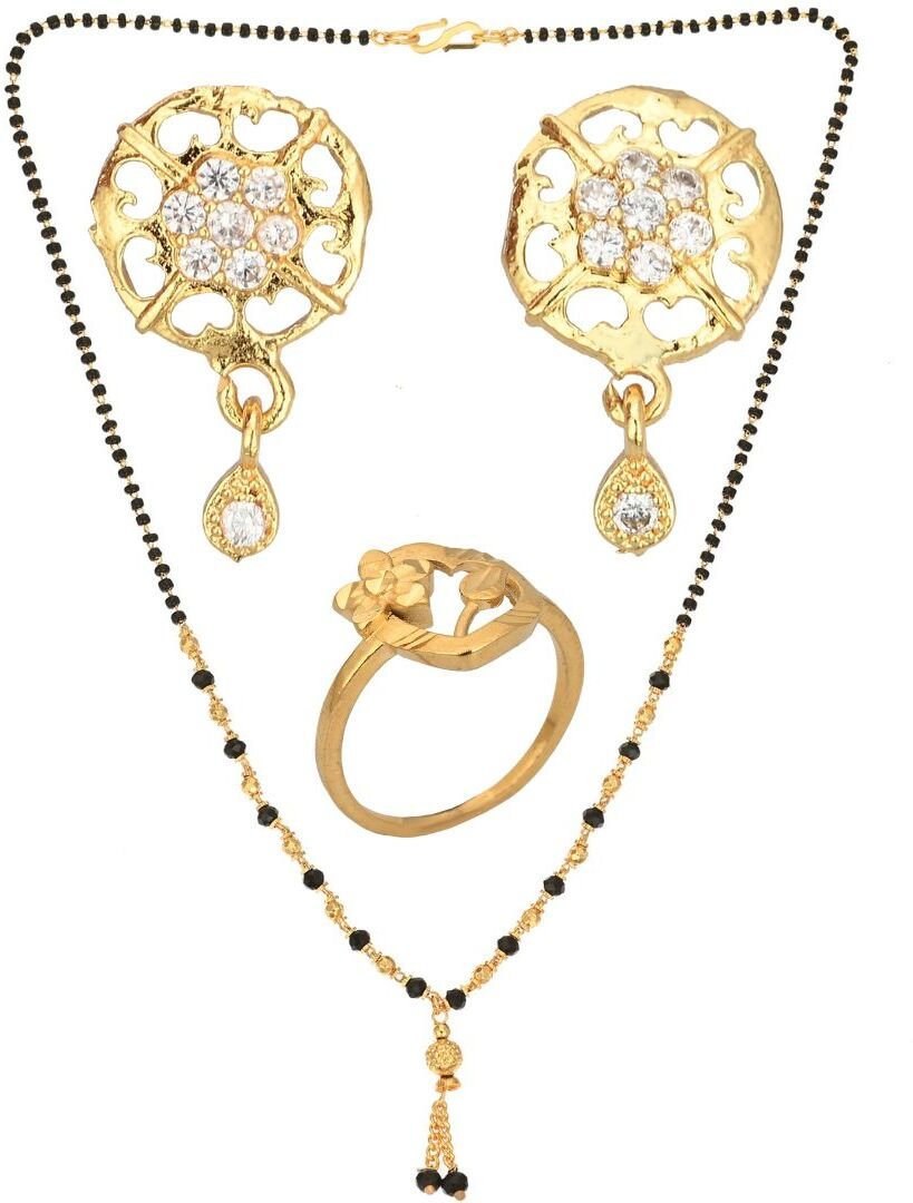 AanyaCentric Gold-plated Jewelry Combo: Elegant Short Mangalsutra, Finger Ring, and American Diamond Earrings Set - Distacart