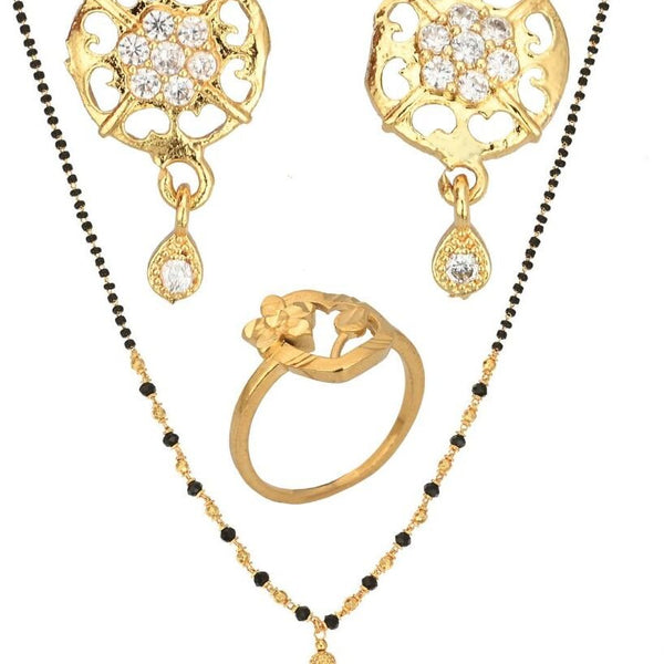 AanyaCentric Gold-plated Jewelry Combo: Elegant Short Mangalsutra, Finger Ring, and American Diamond Earrings Set - Distacart
