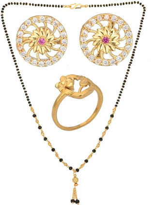 AanyaCentric Gold-plated Jewelry Combo: Elegant Short Mangalsutra, Finger Ring, and American Diamond Earrings Set - Distacart