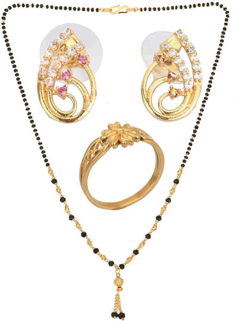 AanyaCentric Gold-plated Jewelry Combo: Elegant Short Mangalsutra, Finger Ring, and American Diamond Earrings Set - Distacart