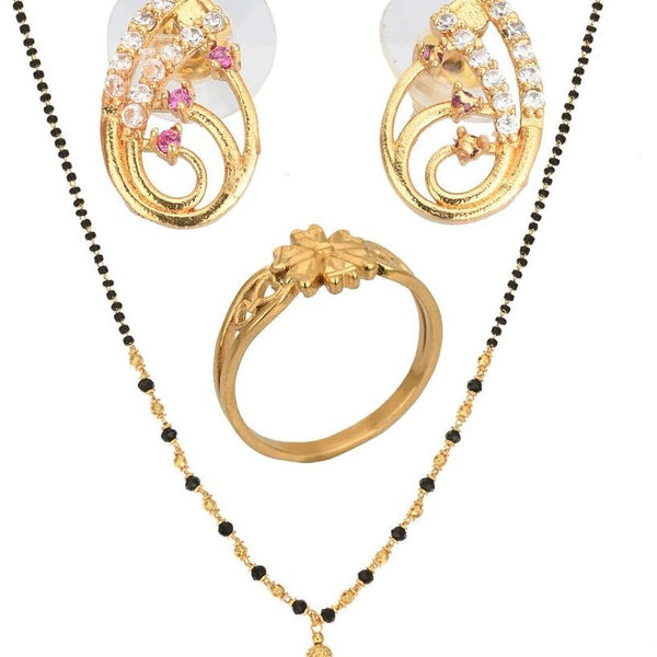 AanyaCentric Gold-plated Jewelry Combo: Elegant Short Mangalsutra, Finger Ring, and American Diamond Earrings Set - Distacart