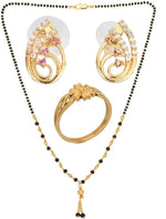 Thumbnail for AanyaCentric Gold-plated Jewelry Combo: Elegant Short Mangalsutra, Finger Ring, and American Diamond Earrings Set - Distacart