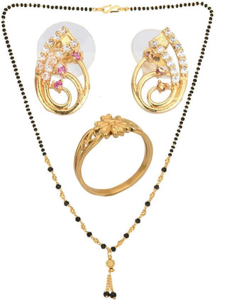 AanyaCentric Gold-plated Jewelry Combo: Elegant Short Mangalsutra, Finger Ring, and American Diamond Earrings Set - Distacart
