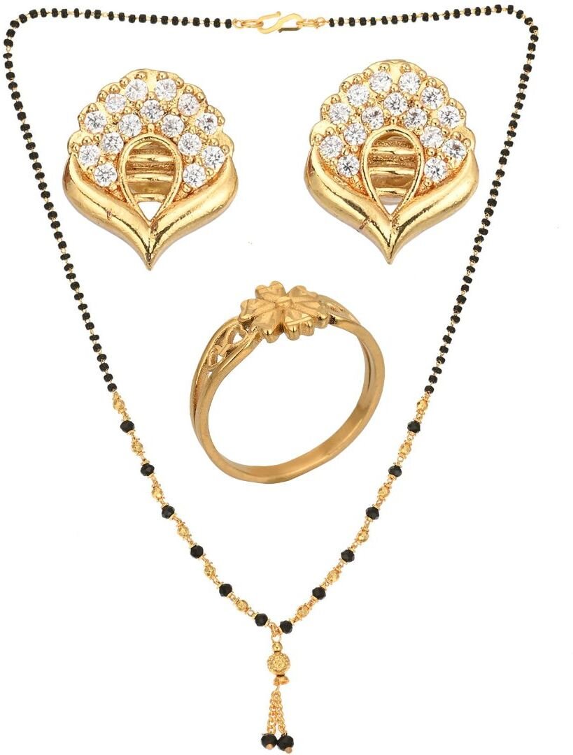 AanyaCentric Gold-plated Jewelry Combo: Elegant Short Mangalsutra, Finger Ring, and American Diamond Earrings Set - Distacart