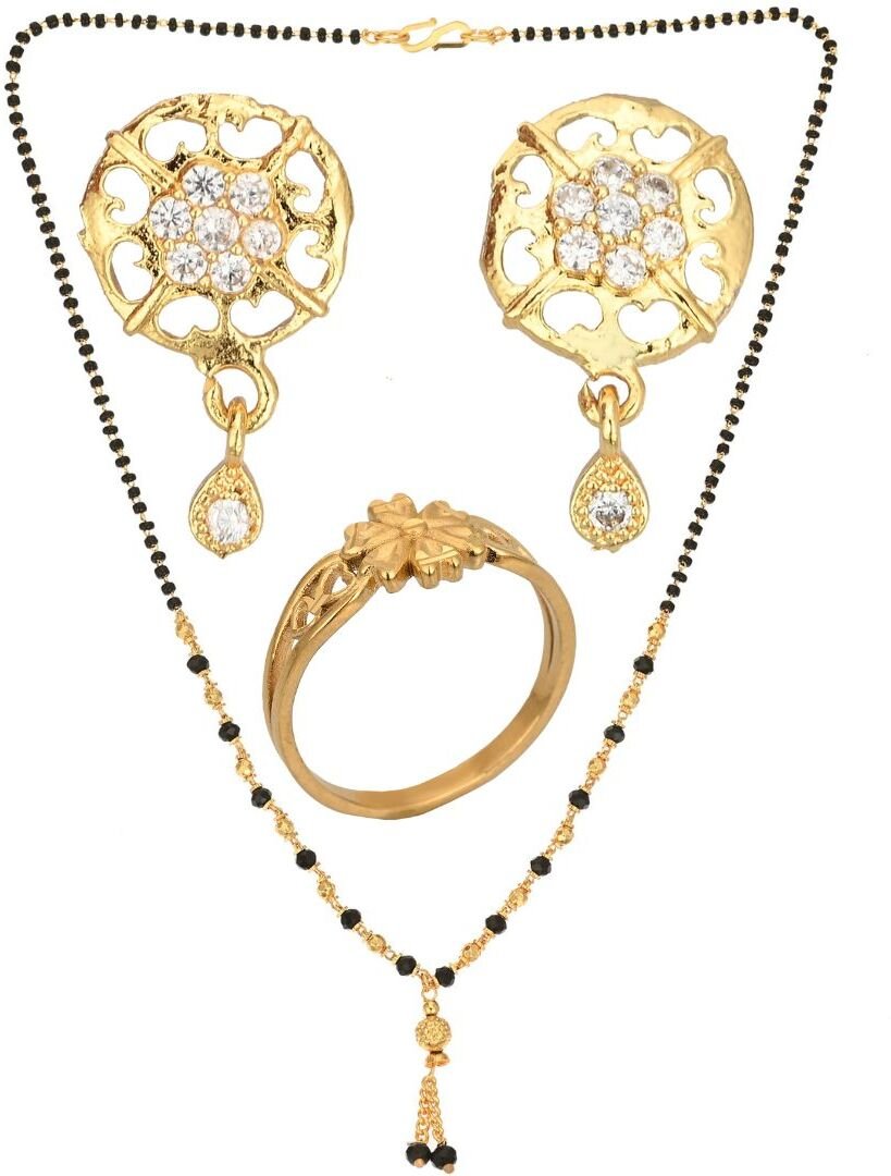 AanyaCentric Gold-plated Jewelry Combo: Elegant Short Mangalsutra, Finger Ring, and American Diamond Earrings Set - Distacart