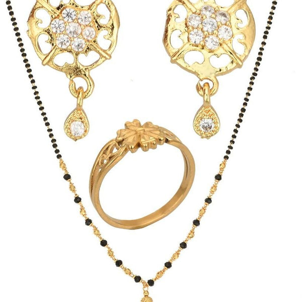 AanyaCentric Gold-plated Jewelry Combo: Elegant Short Mangalsutra, Finger Ring, and American Diamond Earrings Set - Distacart