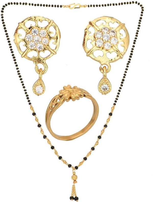 AanyaCentric Gold-plated Jewelry Combo: Elegant Short Mangalsutra, Finger Ring, and American Diamond Earrings Set - Distacart