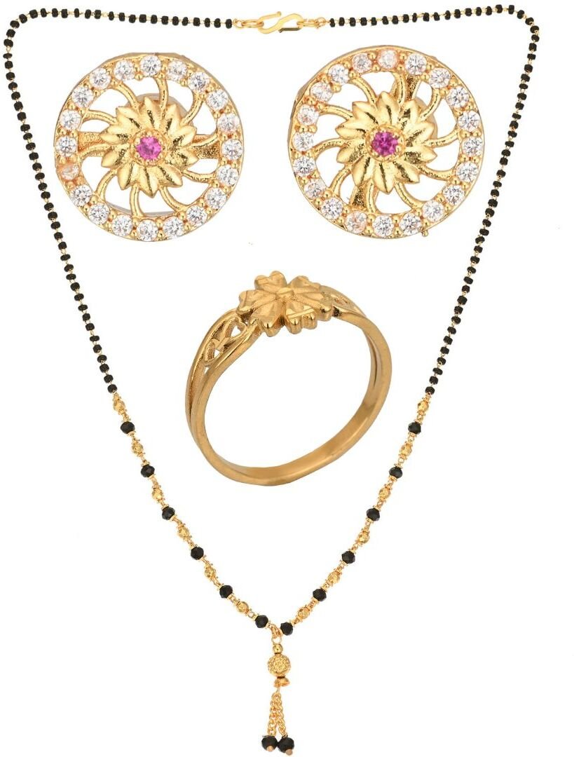 AanyaCentric Gold-plated Jewelry Combo: Elegant Short Mangalsutra, Finger Ring, and American Diamond Earrings Set - Distacart
