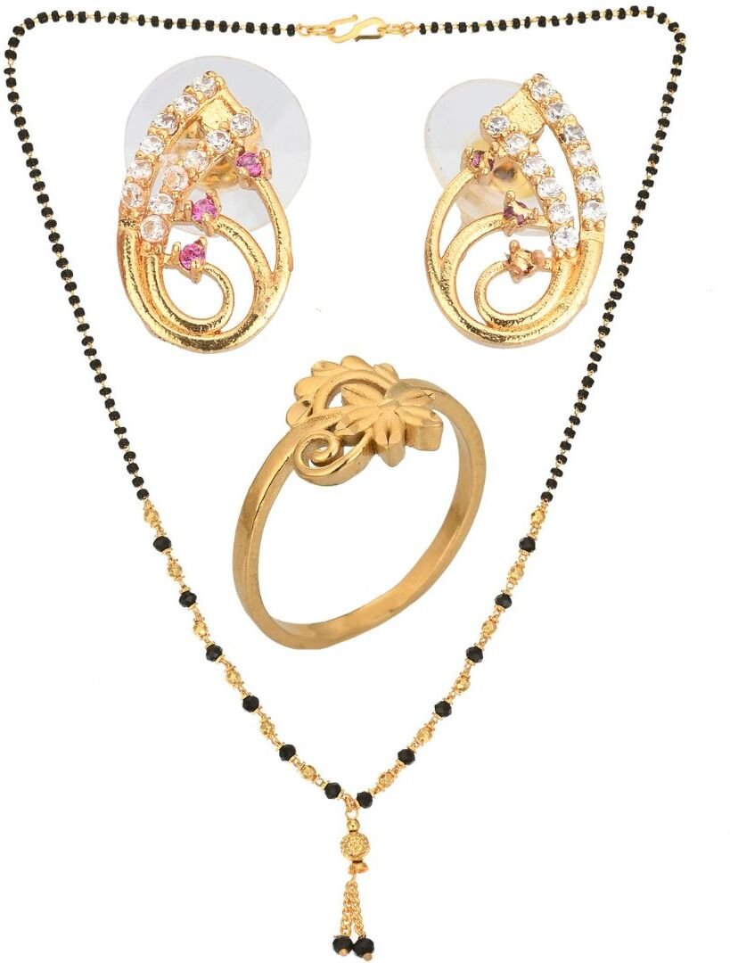 AanyaCentric Gold-plated Jewelry Combo: Elegant Short Mangalsutra, Finger Ring, and American Diamond Earrings Set - Distacart