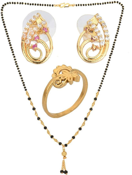 AanyaCentric Gold-plated Jewelry Combo: Elegant Short Mangalsutra, Finger Ring, and American Diamond Earrings Set - Distacart