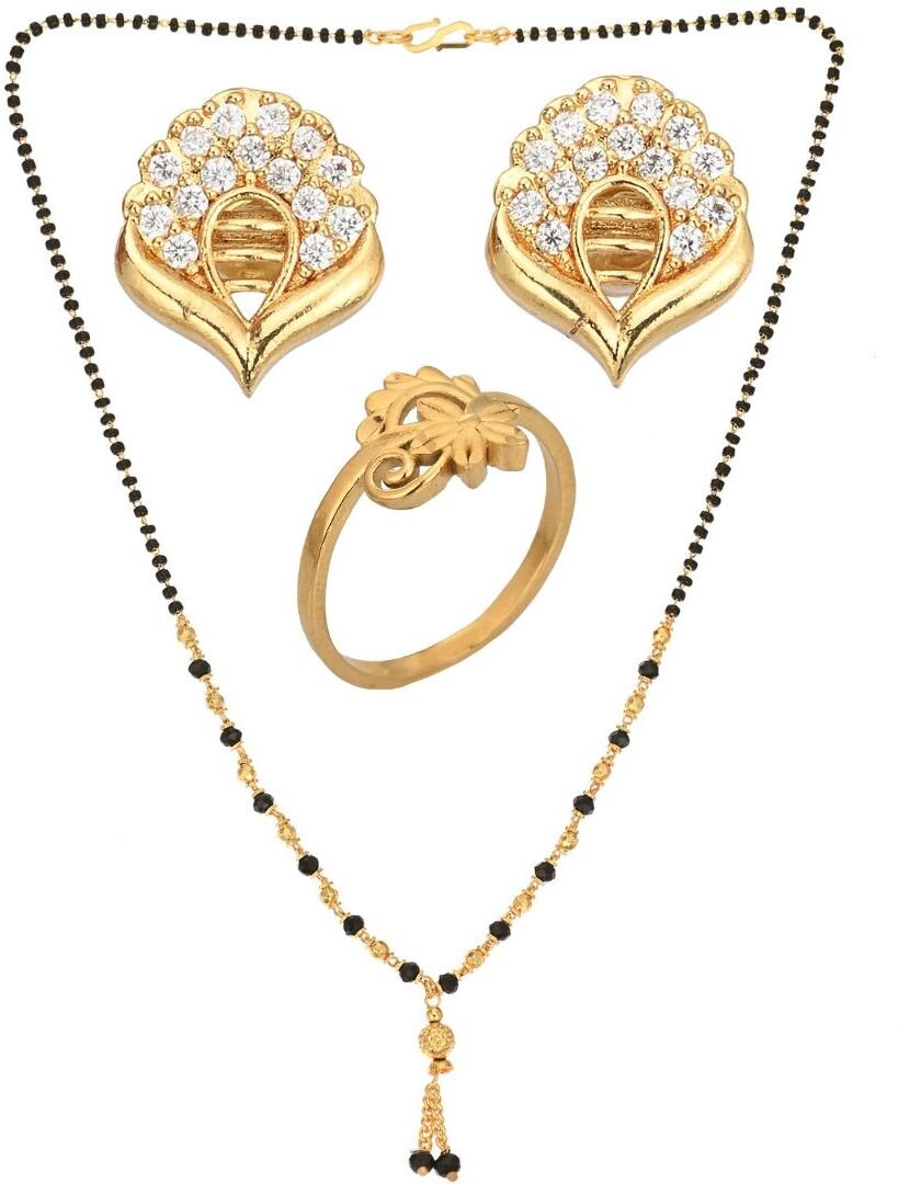 AanyaCentric Gold-plated Jewelry Combo: Elegant Short Mangalsutra, Finger Ring, and American Diamond Earrings Set - Distacart