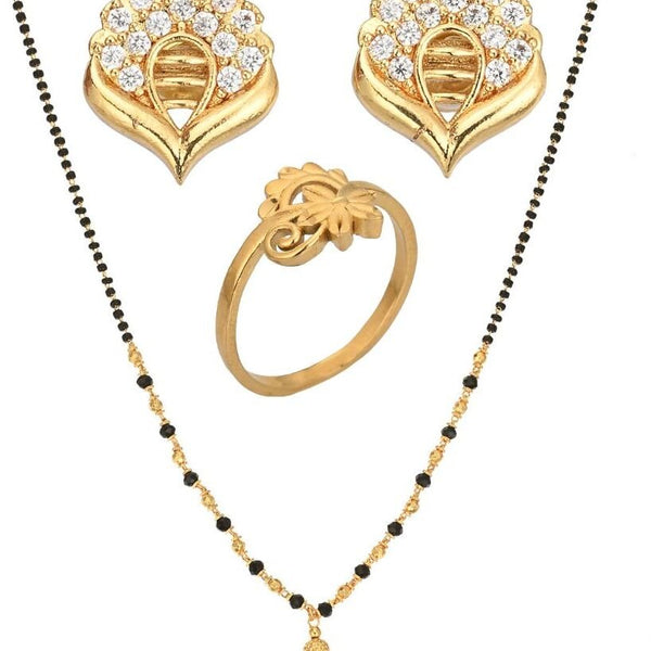 AanyaCentric Gold-plated Jewelry Combo: Elegant Short Mangalsutra, Finger Ring, and American Diamond Earrings Set - Distacart