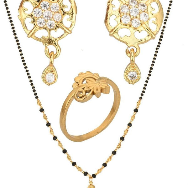 AanyaCentric Gold-plated Jewelry Combo: Elegant Short Mangalsutra, Finger Ring, and American Diamond Earrings Set - Distacart
