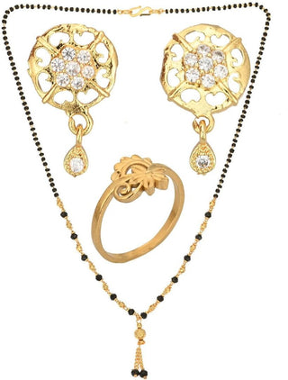 AanyaCentric Gold-plated Jewelry Combo: Elegant Short Mangalsutra, Finger Ring, and American Diamond Earrings Set - Distacart
