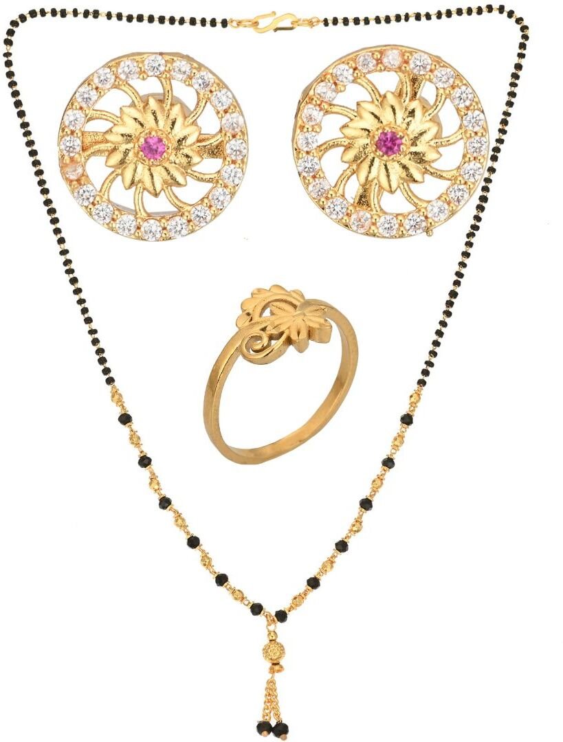 AanyaCentric Gold-plated Jewelry Combo: Elegant Short Mangalsutra, Finger Ring, and American Diamond Earrings Set - Distacart