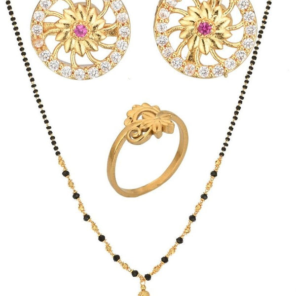 AanyaCentric Gold-plated Jewelry Combo: Elegant Short Mangalsutra, Finger Ring, and American Diamond Earrings Set - Distacart
