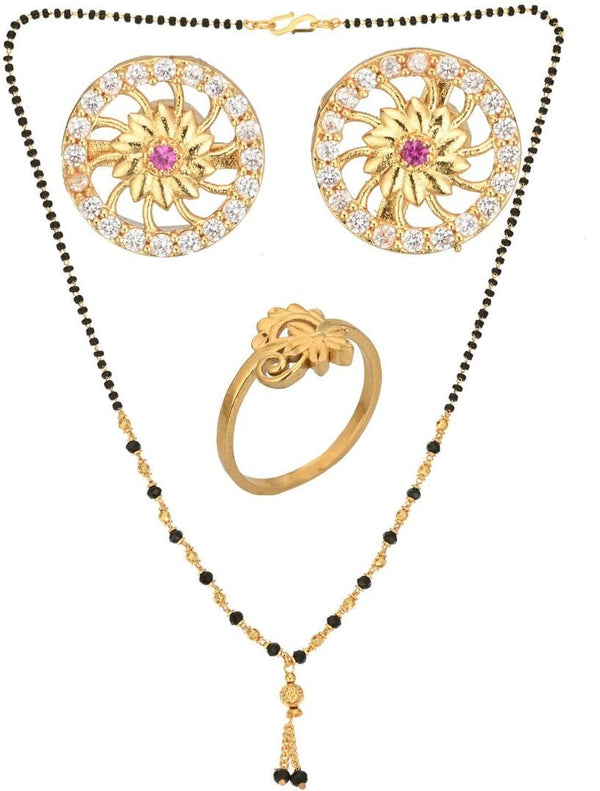 AanyaCentric Gold-plated Jewelry Combo: Elegant Short Mangalsutra, Finger Ring, and American Diamond Earrings Set - Distacart