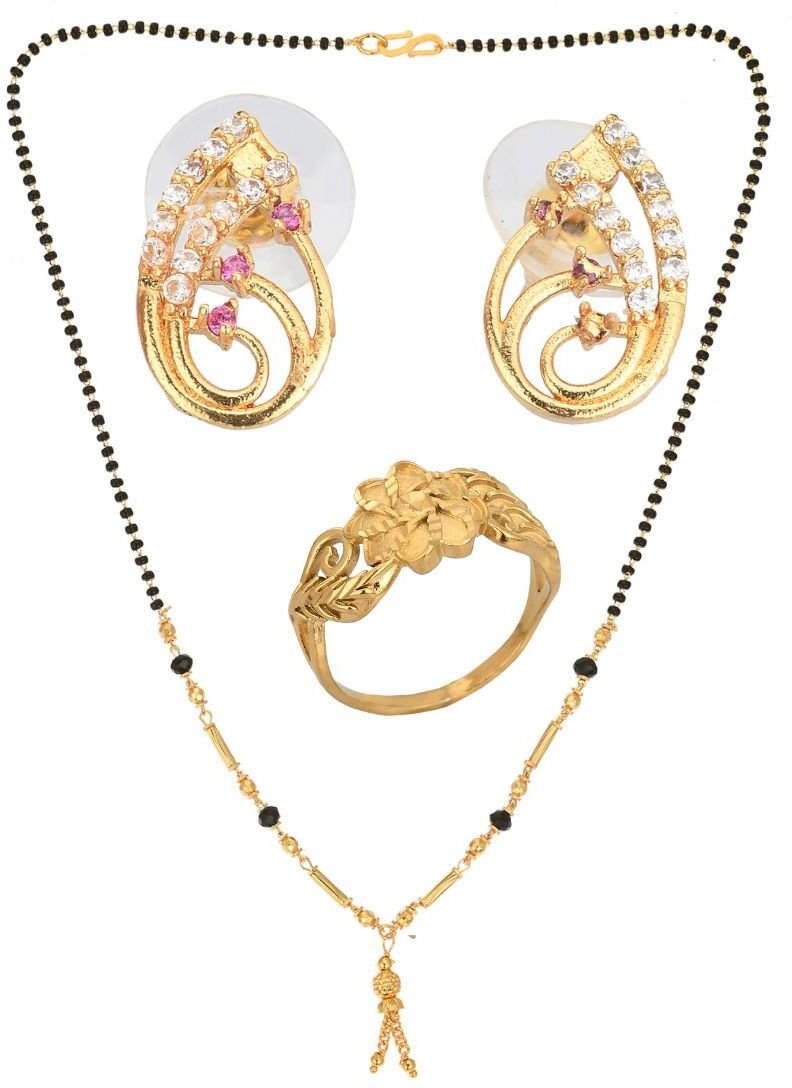 AanyaCentric Gold-plated Jewelry Combo: Elegant Short Mangalsutra, Finger Ring, and American Diamond Earrings Set - Distacart