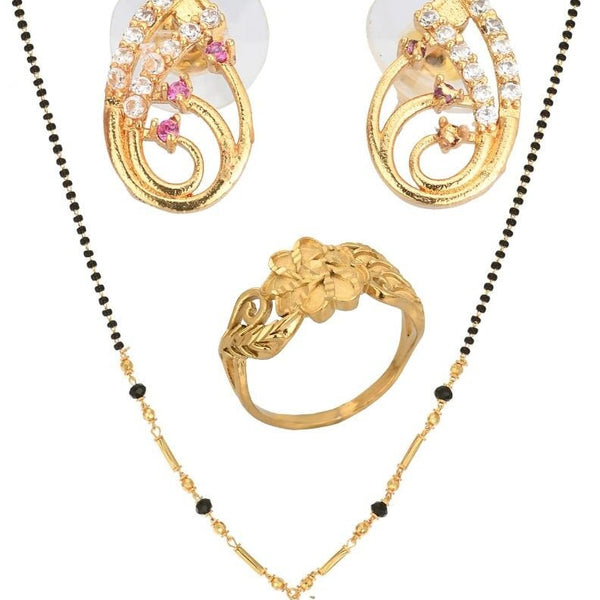 AanyaCentric Gold-plated Jewelry Combo: Elegant Short Mangalsutra, Finger Ring, and American Diamond Earrings Set - Distacart