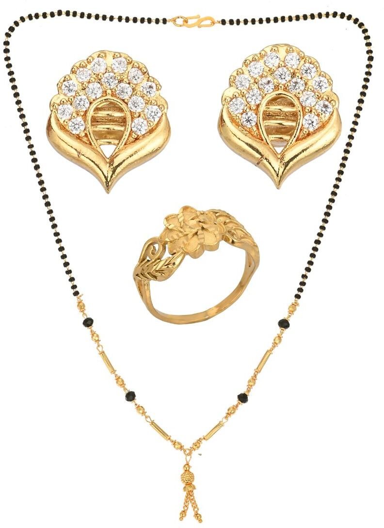 AanyaCentric Gold-plated Jewelry Combo: Elegant Short Mangalsutra, Finger Ring, and American Diamond Earrings Set - Distacart