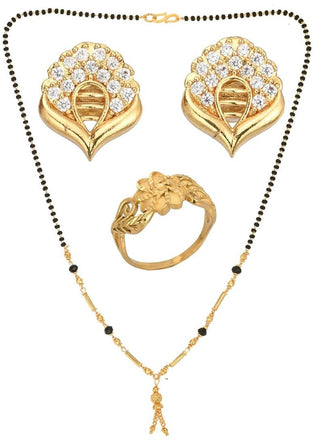 AanyaCentric Gold-plated Jewelry Combo: Elegant Short Mangalsutra, Finger Ring, and American Diamond Earrings Set - Distacart