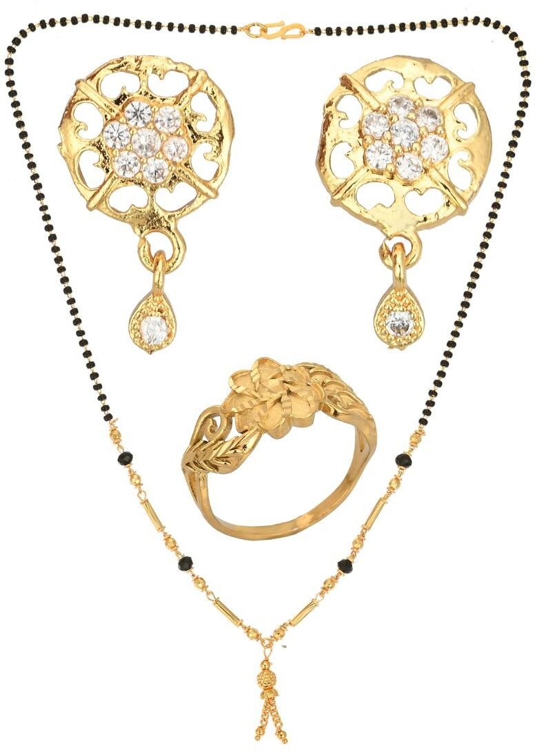 AanyaCentric Gold-plated Jewelry Combo: Elegant Short Mangalsutra, Finger Ring, and American Diamond Earrings Set - Distacart