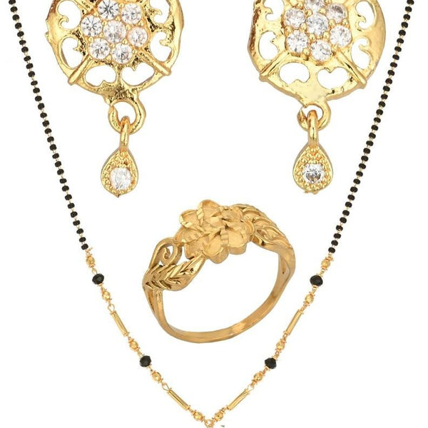 AanyaCentric Gold-plated Jewelry Combo: Elegant Short Mangalsutra, Finger Ring, and American Diamond Earrings Set - Distacart