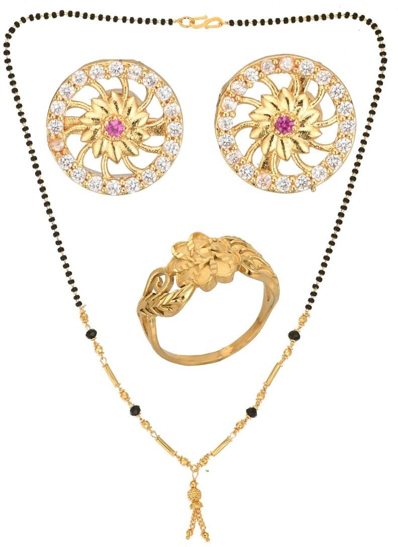 AanyaCentric Gold-plated Jewelry Combo: Elegant Short Mangalsutra, Finger Ring, and American Diamond Earrings Set - Distacart